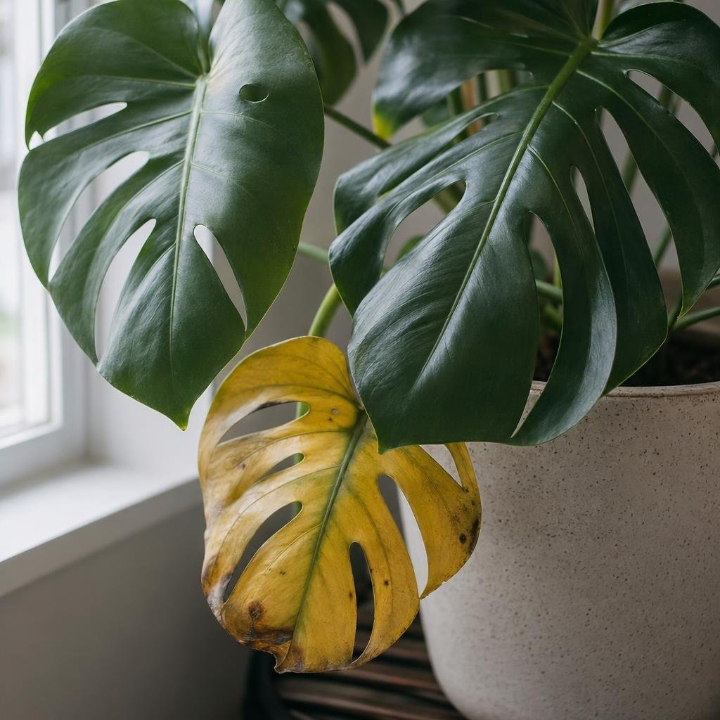 Monstera leaves with a yellowing lower leaf in natural window light.