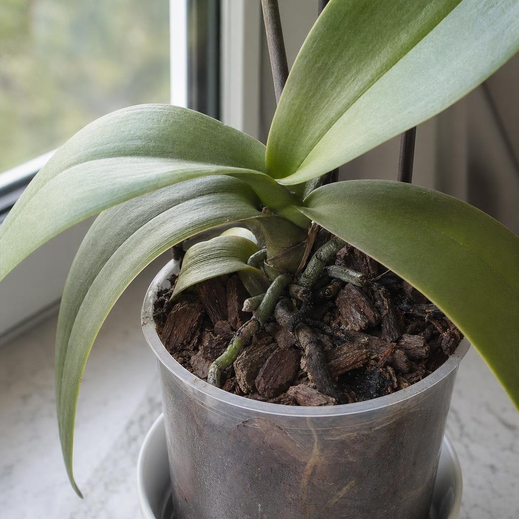Phalaenopsis orchid roots in bark substrate.