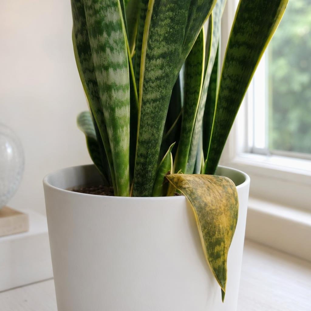 Snake plant with one yellowing base leaf in a white pot.