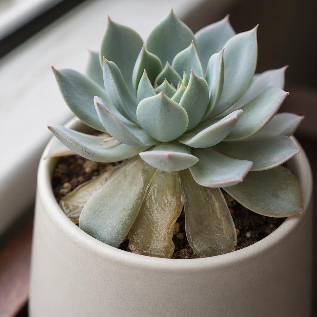 Echeveria succulent rosette with translucent lower leaves.